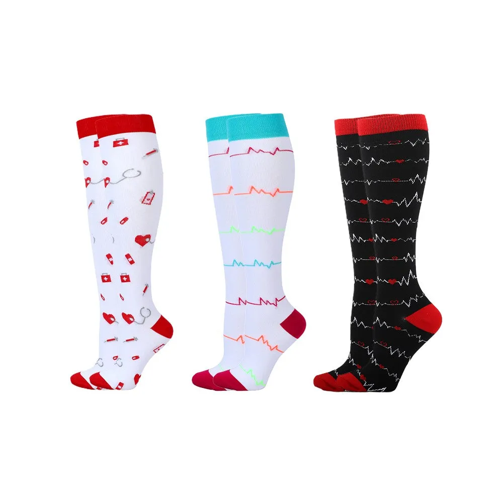 3 Pairs of Knee-Length Printed Compression Socks L-Style 1