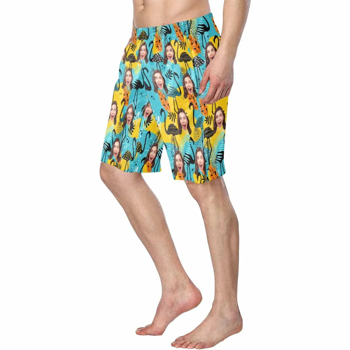Custom Face Blue Flamingo Personalized Photo Men's Elastic Beach Shorts