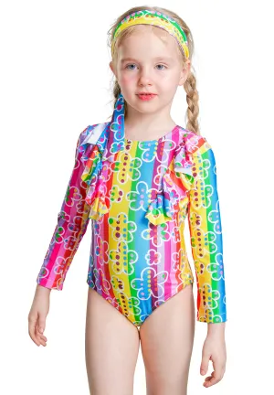 Girls One-Piece Rainbow Stripes Swimwear Headband Set