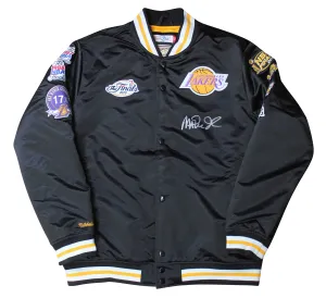 Lakers Magic Johnson Signed Black M&N HWC Bomber Jacket w/ Patches BAS Witnessed
