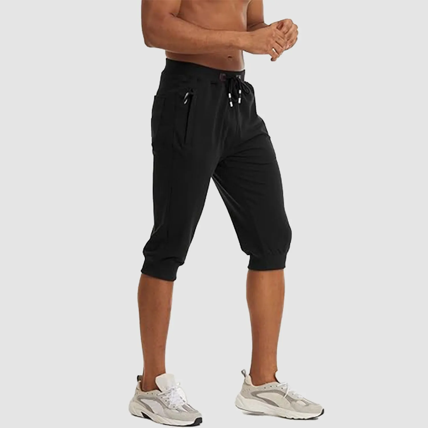 Men's 3/4 Jogger Capri Pants with Zipper Pockets Knee Length Running Training Workout Shorts