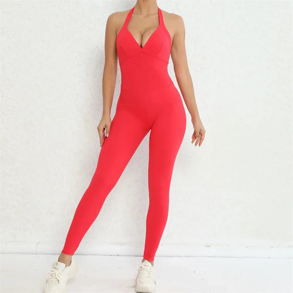 Nylon Backless Halter V Cut Back Pocket Yoga Set