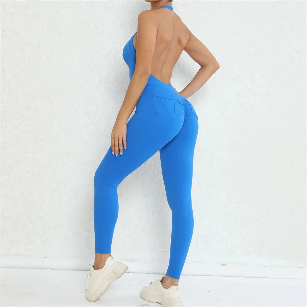 Nylon Backless Halter V Cut Back Pocket Yoga Set
