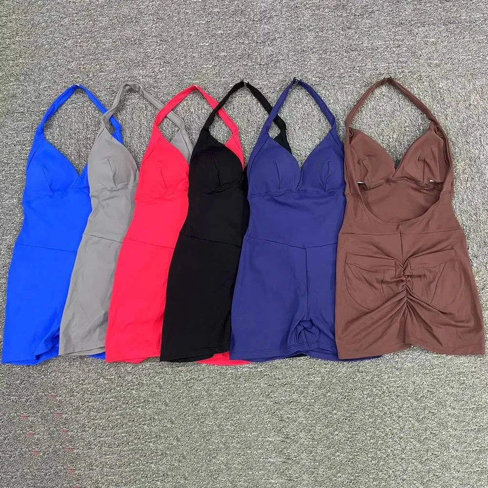 Nylon Backless Halter V Cut Back Pocket Yoga Set