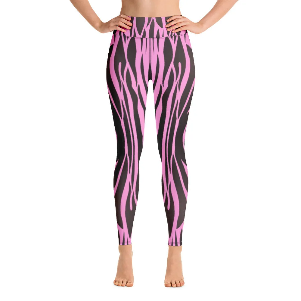 Purple and black stripe printed high waist leggings with pockets
