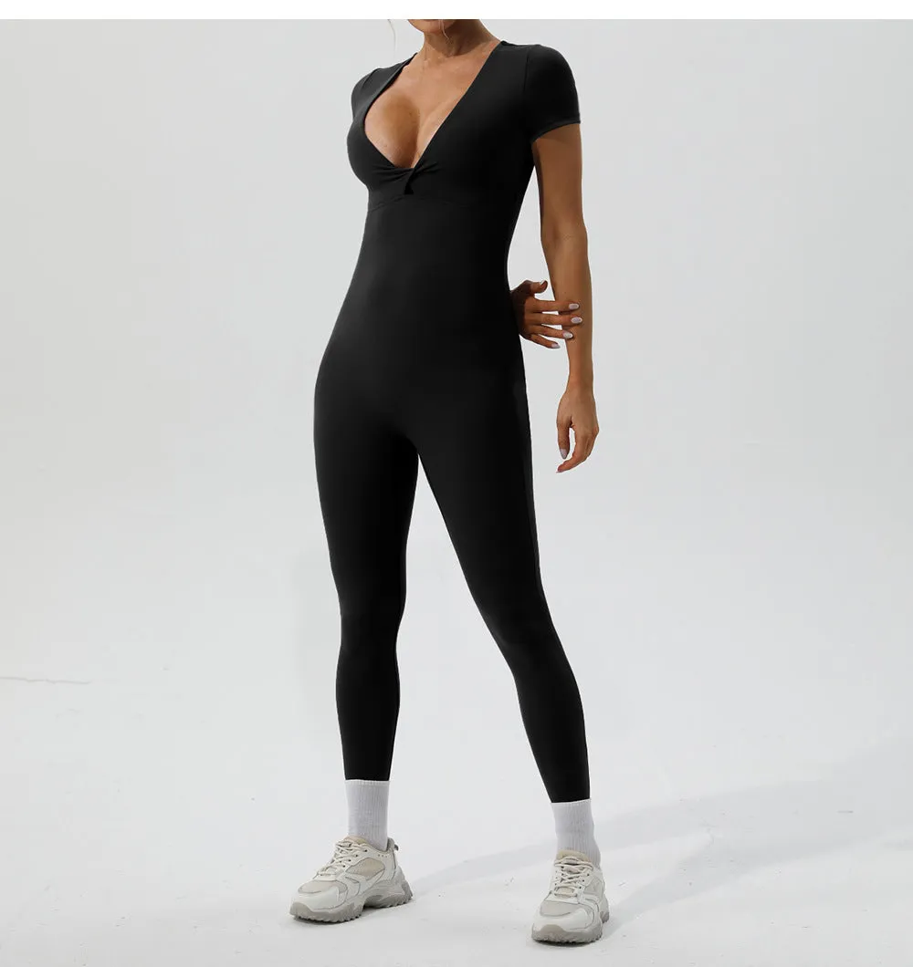 Short Sleeve V-Neck Yoga Jumpsuit