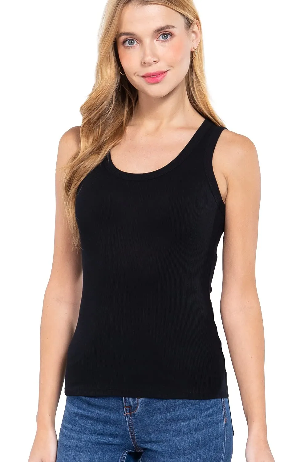 Womens- Sleeveless Ribbed Knit Scoop Neck Tank Top